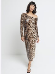 River Island Brown Leopard Print One Shoulder Midi Dress - Image 1 of 4