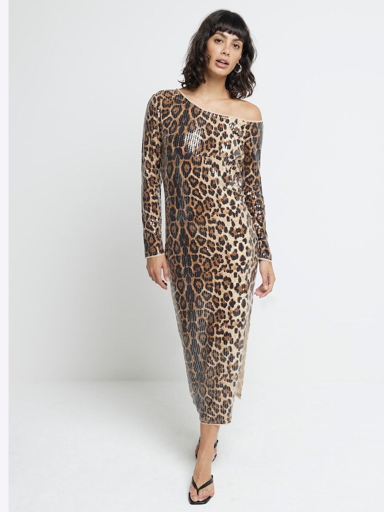 River Island Brown Leopard Print One Shoulder Midi Dress - Image 1 of 4