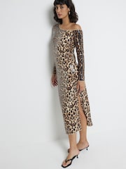 River Island Brown Leopard Print One Shoulder Midi Dress - Image 2 of 4