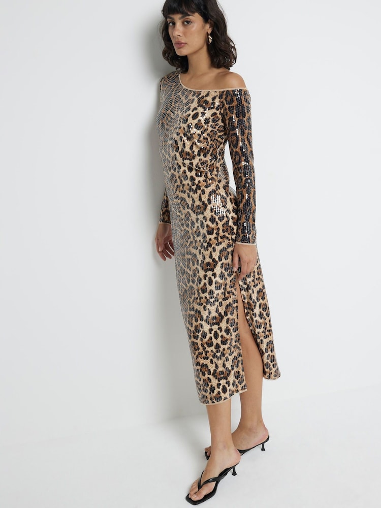 River Island Brown Leopard Print One Shoulder Midi Dress - Image 2 of 4