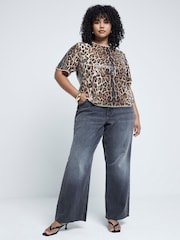 River Island Brown Plus Leopard Print Sequin T-Shirt - Image 1 of 6