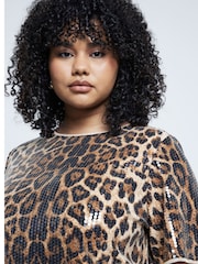 River Island Brown Plus Leopard Print Sequin T-Shirt - Image 3 of 6