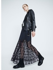 River Island Black Satin Lace Trim Midi Skirt - Image 1 of 4