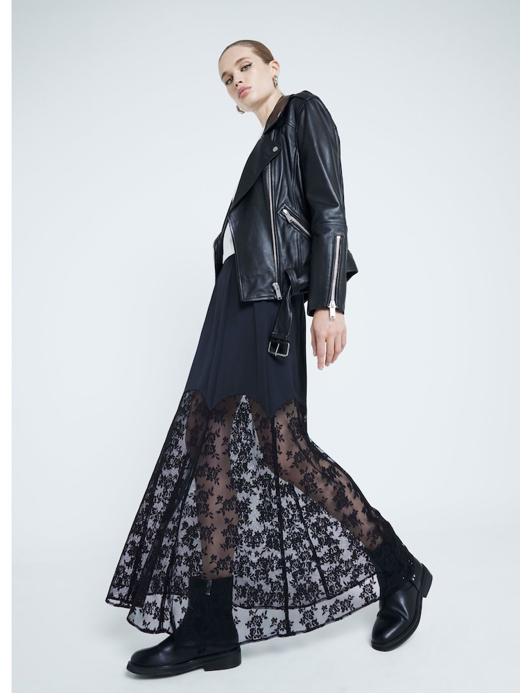 River Island Black Satin Lace Trim Midi Skirt - Image 1 of 4 River Island Black Satin Lace Trim Midi Skirt - Image 1 of 4