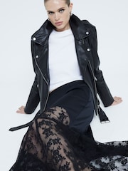 River Island Black Satin Lace Trim Midi Skirt - Image 2 of 4