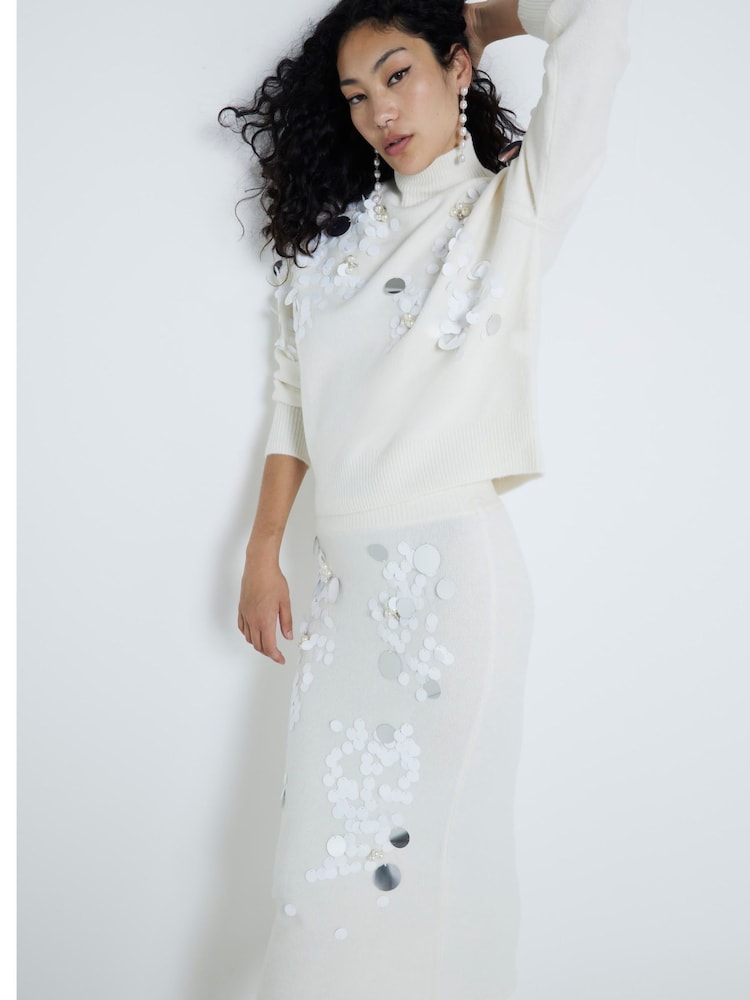 River Island Cream Sequin Roll Neck Jumper - Image 1 of 4