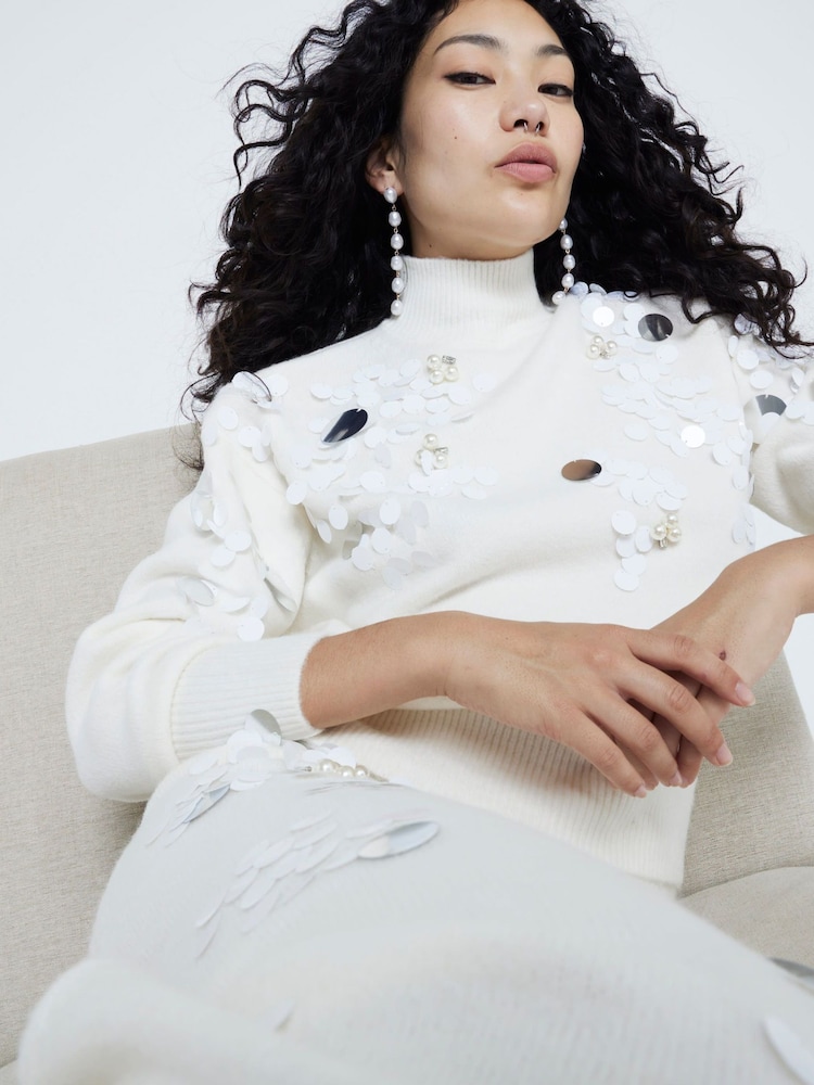 River Island Cream Sequin Roll Neck Jumper - Image 2 of 4