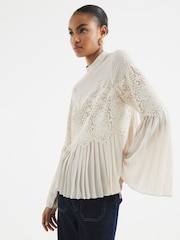 River Island Cream Lace Applique Pleated Blouse - Image 2 of 6