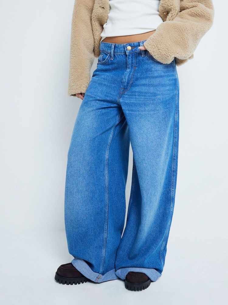 River Island Blue Petite Denim Super Wide Leg 100% Cotton Jeans - Image 2 of 6 River Island Blue Petite Denim Super Wide Leg 100% Cotton Jeans - Image 2 of 6