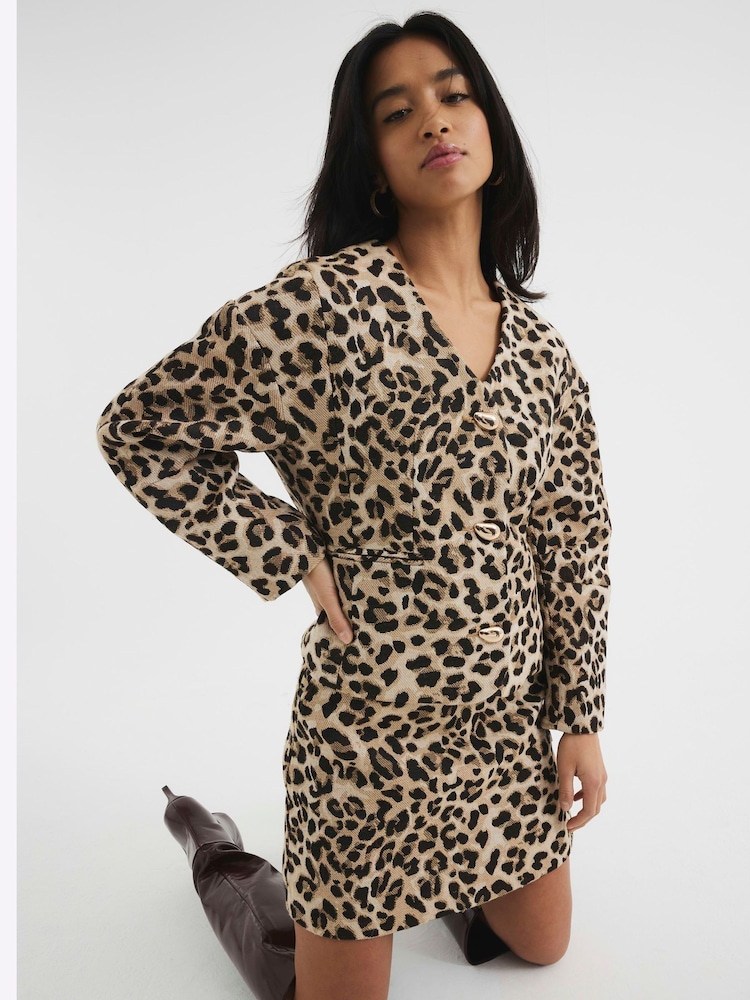 River Island Brown Petite Leopard Print Sculpt Jacket - Image 1 of 5