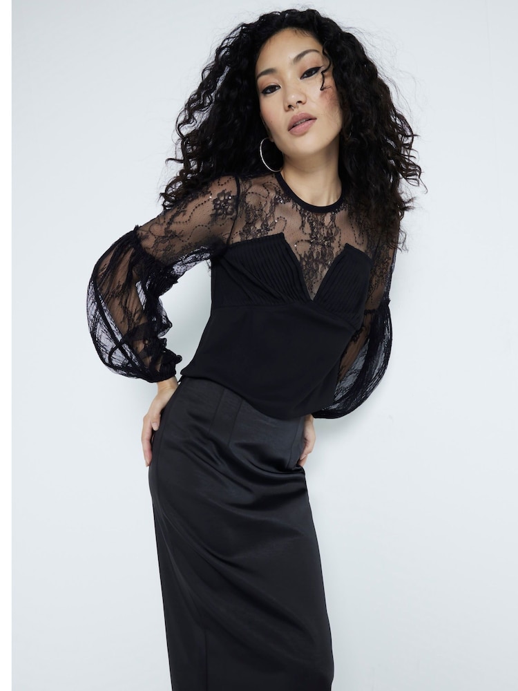 River Island Black Lace Sequin Detail Blouse - Image 1 of 4