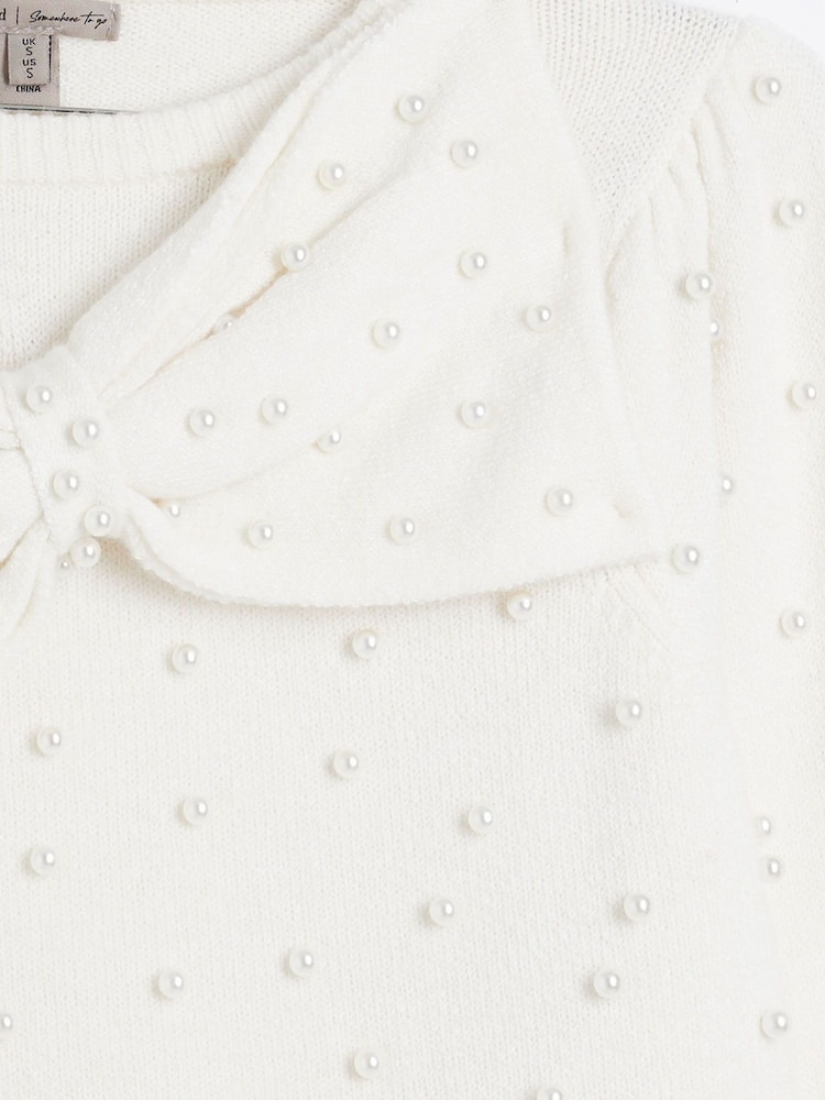 River Island Cream Bow Pearl Crew Neck Jumper - Image 6 of 6