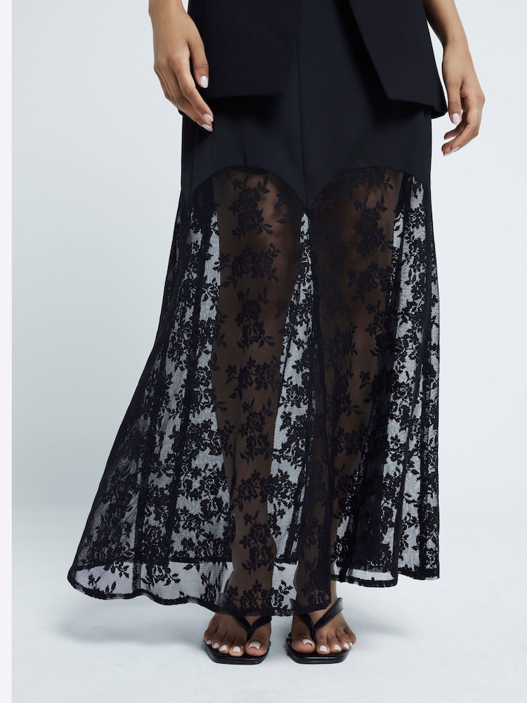 River Island Black Petite Satin Lace Trim Midi Skirt - Image 1 of 6