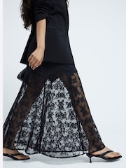 River Island Black Petite Satin Lace Trim Midi Skirt - Image 2 of 6
