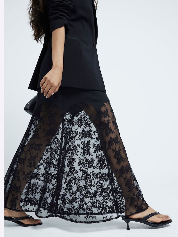 River Island Black Petite Satin Lace Trim Midi Skirt - Image 2 of 6