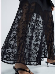 River Island Black Petite Satin Lace Trim Midi Skirt - Image 3 of 6