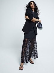 River Island Black Petite Satin Lace Trim Midi Skirt - Image 4 of 6