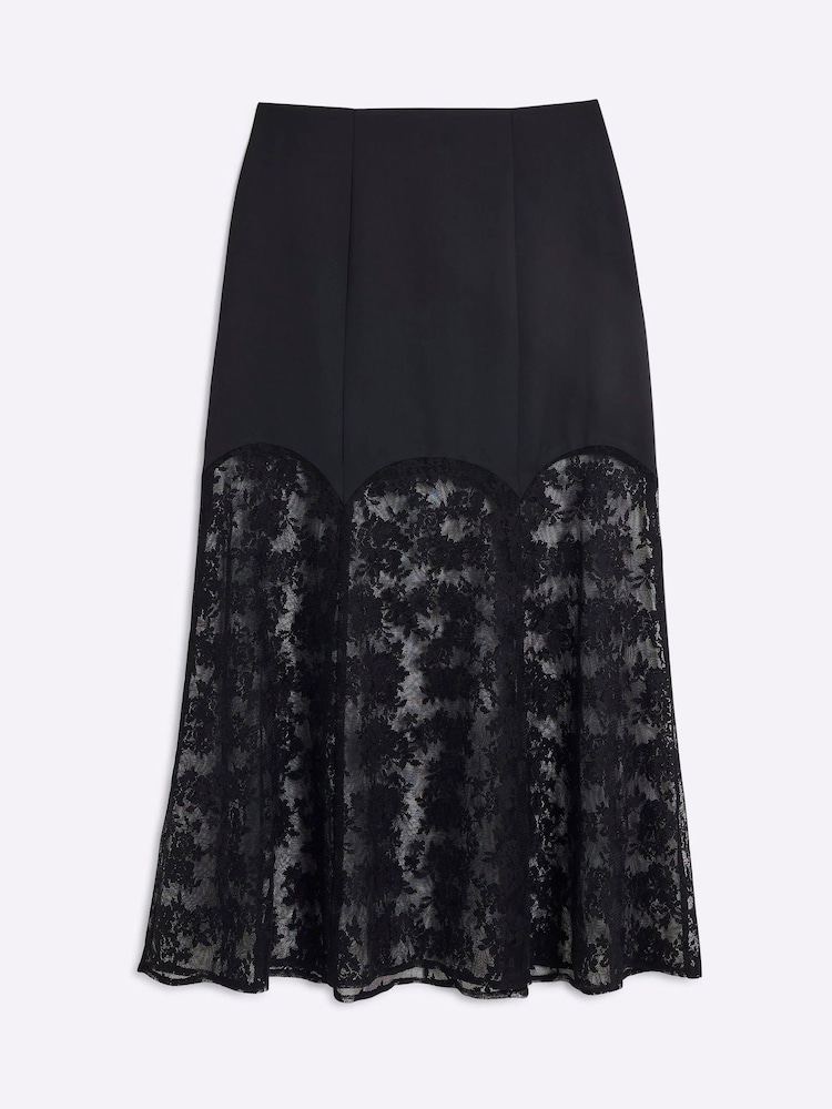 Buy River Island Black Petite Satin Lace Trim Midi Skirt from the