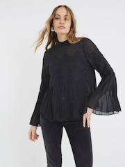 River Island Black Lace Applique Pleated Blouse - Image 1 of 6