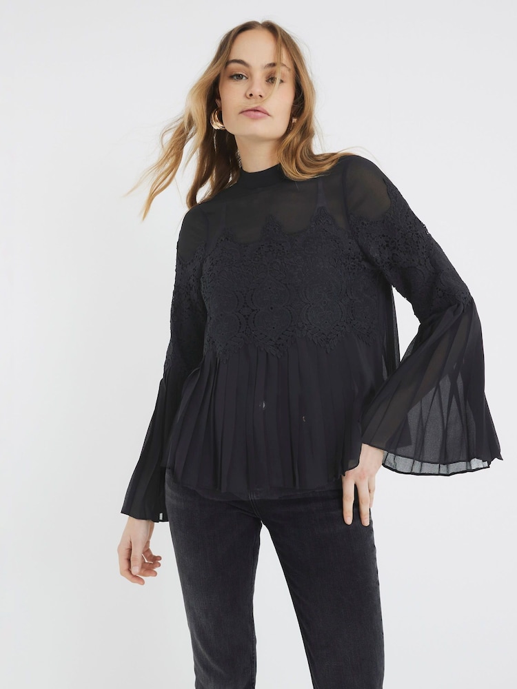 River Island Black Lace Applique Pleated Blouse - Image 1 of 6 River Island Black Lace Applique Pleated Blouse - Image 1 of 6