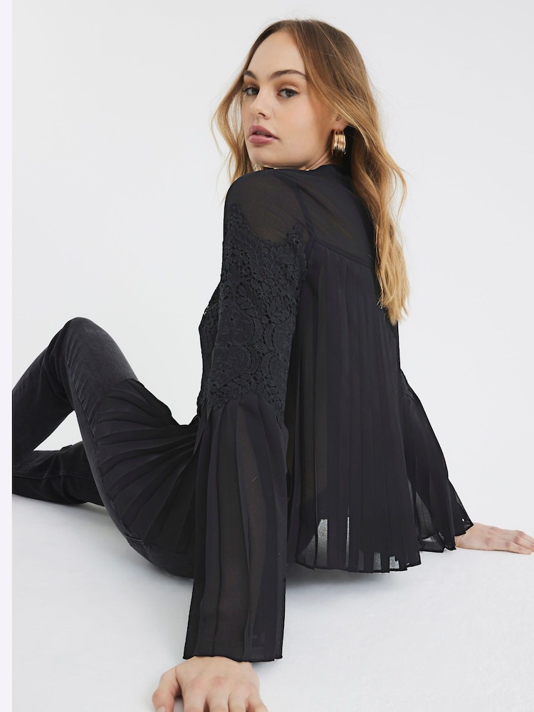 River Island Black Lace Applique Pleated Blouse - Image 2 of 6 River Island Black Lace Applique Pleated Blouse - Image 2 of 6