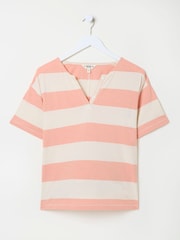 FatFace Pink 100% Cotton Stripe Notch Neck T-Shirt - Image 5 of 5