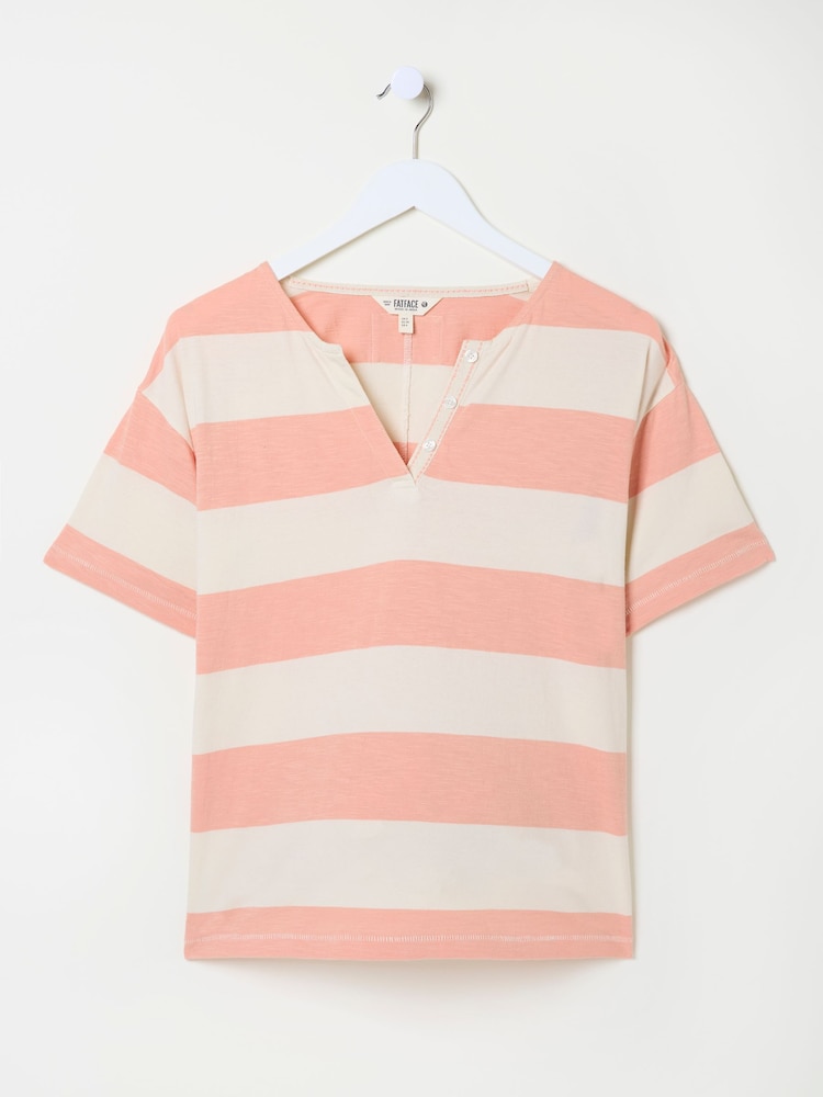 FatFace Pink 100% Cotton Stripe Notch Neck T-Shirt - Image 5 of 5
