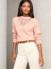 Lipsy Pink Yolk Lace Insert Cable Knit Cosy Jumper - Image 1 of 4