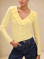 Lipsy Buttermilk Yellow Ruffle Front V-Neck Pointelle Detail Long Sleeve Knit Top - Image 1 of 4