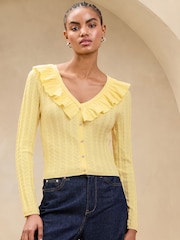 Lipsy Buttermilk Yellow Ruffle Front V-Neck Pointelle Detail Long Sleeve Knit Top - Image 2 of 4