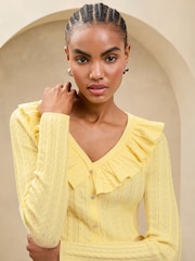 Lipsy Buttermilk Yellow Ruffle Front V-Neck Pointelle Detail Long Sleeve Knit Top - Image 3 of 4