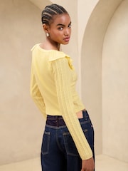 Lipsy Buttermilk Yellow Ruffle Front V-Neck Pointelle Detail Long Sleeve Knit Top - Image 4 of 4