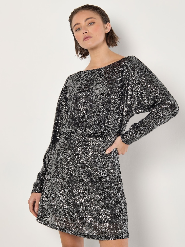 Apricot Grey Mini Flat Sequin Cowl Back Dress - Image 1 of 4