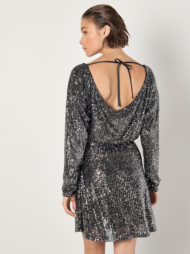 Apricot Grey Mini Flat Sequin Cowl Back Dress - Image 4 of 4