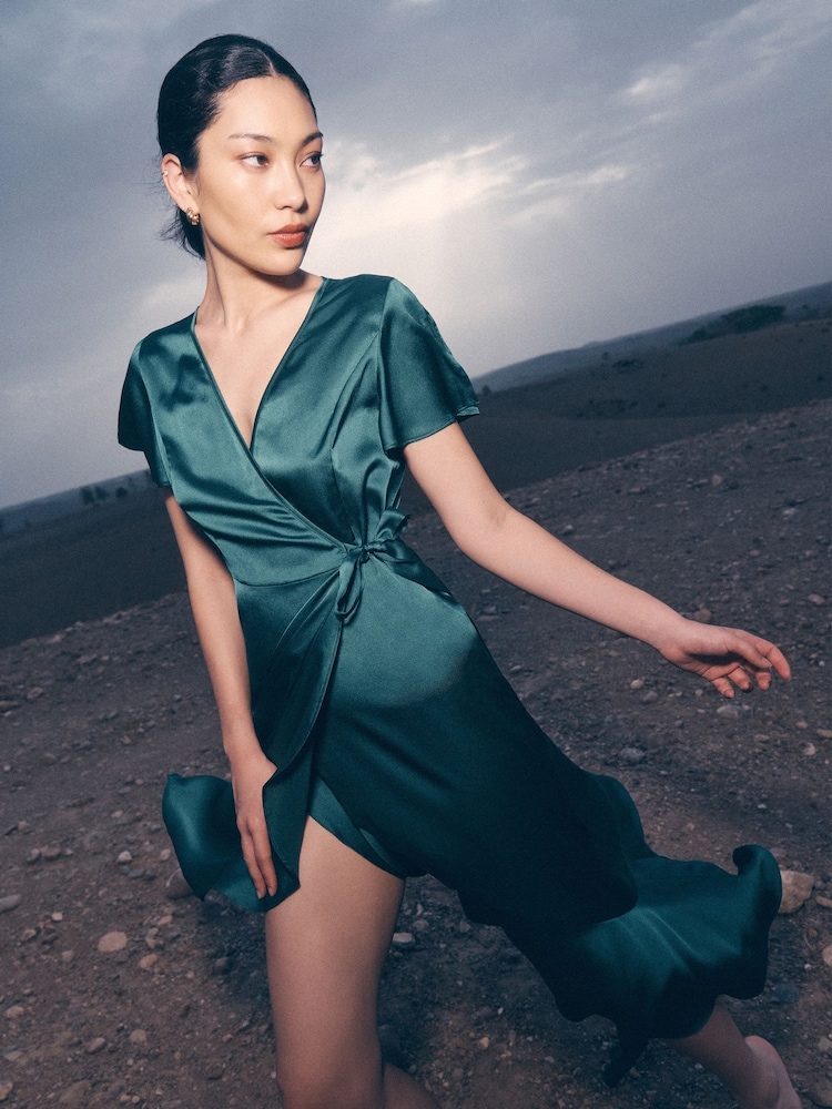 Apricot Green Satin Ruffle Wrap Dress - Image 1 of 6
