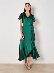 Apricot Green Satin Ruffle Wrap Dress - Image 2 of 6