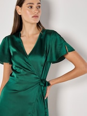 Apricot Green Satin Ruffle Wrap Dress - Image 3 of 6