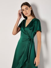 Apricot Green Satin Ruffle Wrap Dress - Image 4 of 6