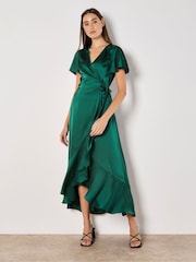 Apricot Green Satin Ruffle Wrap Dress - Image 6 of 6