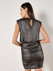 Apricot Brown Foil Ruched Volume Shoulder Dress - Image 2 of 4
