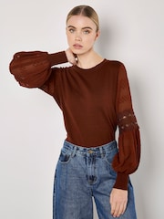 Apricot Brown Chiffon Crochet Sleeves Jumper - Image 3 of 4