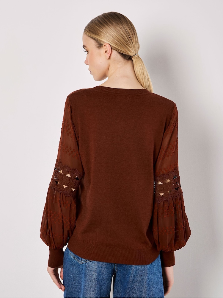 Apricot Brown Chiffon Crochet Sleeves Jumper - Image 4 of 4 Apricot Brown Chiffon Crochet Sleeves Jumper - Image 4 of 4