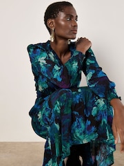 Apricot Green Paintbrush Floral Print Tier Midi Dress - Image 4 of 4
