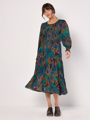 Apricot Light Green Ikat Chiffon Smocked Midi Dress - Image 1 of 4