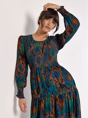 Apricot Light Green Ikat Chiffon Smocked Midi Dress - Image 2 of 4