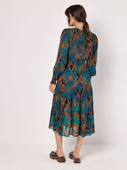 Apricot Light Green Ikat Chiffon Smocked Midi Dress - Image 3 of 4