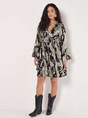 Apricot Black Gold Paisley Bell Sleeve Dress - Image 1 of 4