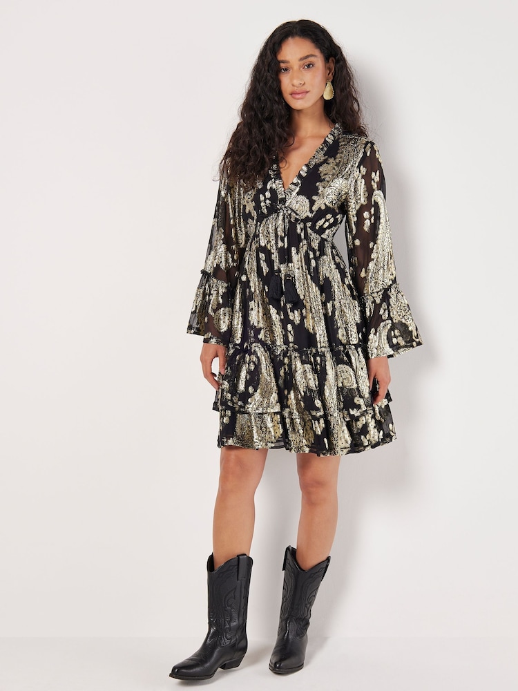 Apricot Black Gold Paisley Bell Sleeve Dress - Image 1 of 4