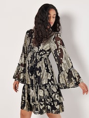 Apricot Black Gold Paisley Bell Sleeve Dress - Image 2 of 4