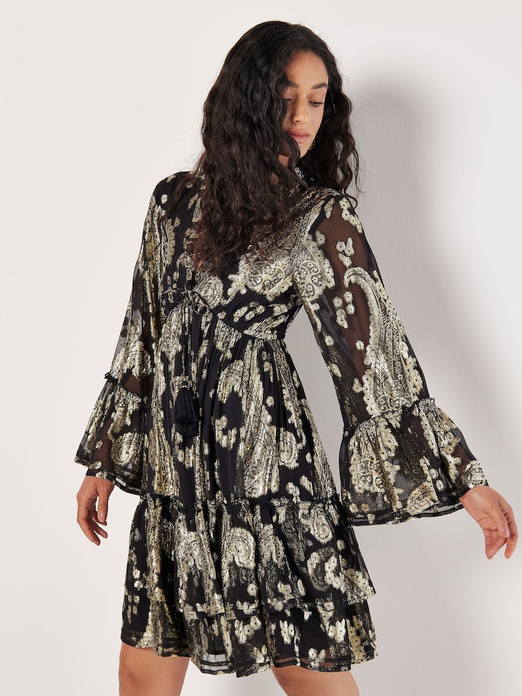 Apricot Black Gold Paisley Bell Sleeve Dress - Image 2 of 4